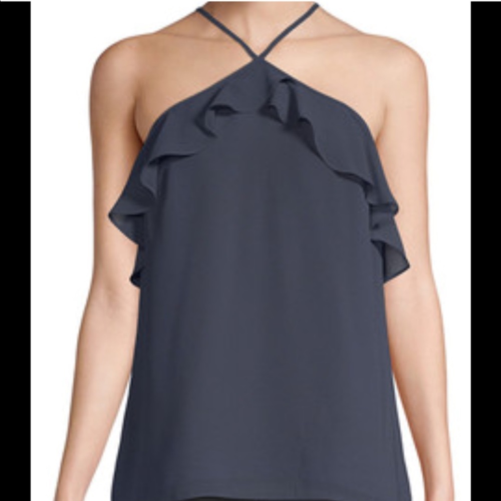 $165 HAUTE HIPPIE RUFFLE HALTER NAVY TOP NEW  M